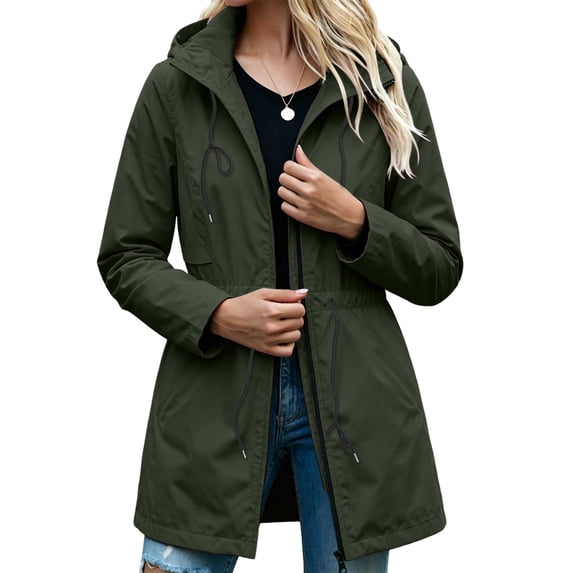 Women Solid Color Waterproof Lightweight Rain Jacket Active Outdoor Hooded Raincoat Army Green S(S)
