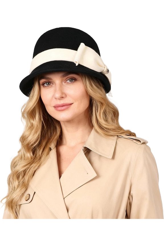 Women Solid Color Winter Hat Women Cloche Bucket Bowler with Bowknot