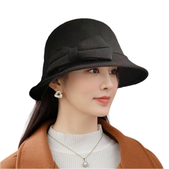 Women Solid Color Winter Hat Wool Cloche Bucket with Bow Accent,One Size