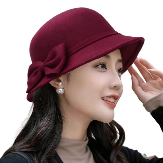 Women Solid Color Winter Hat Wool Cloche Bucket with Bow Accent,One Size
