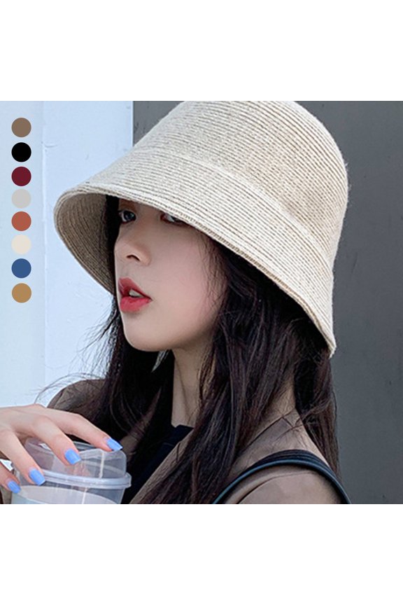 Women Solid Color Wool Bucket Hat Drawstring Fisherman Vintage Knitted Basin Cap
