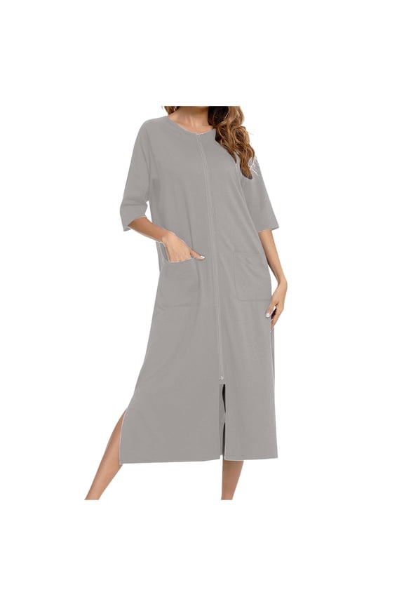 Women Solid Comfort Casual Skirt Loose Pajamas 3/4 Sleeve Nightgown - Zipper Robe, Soft Cotton Blend, Two Pockets, Calf Length