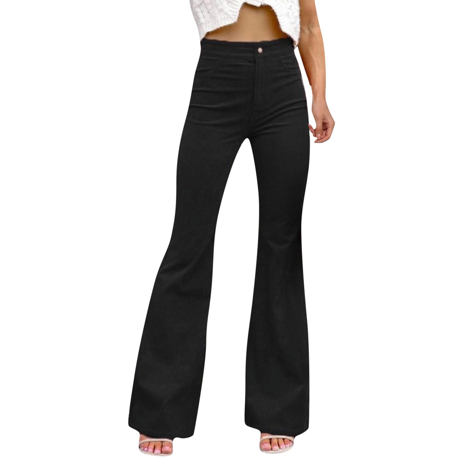 Womens Corduroy Pants Solid Color High Waist Stretchy Elastic Waist Flare  Pants Fashion Palazzo Trousers for Ladies