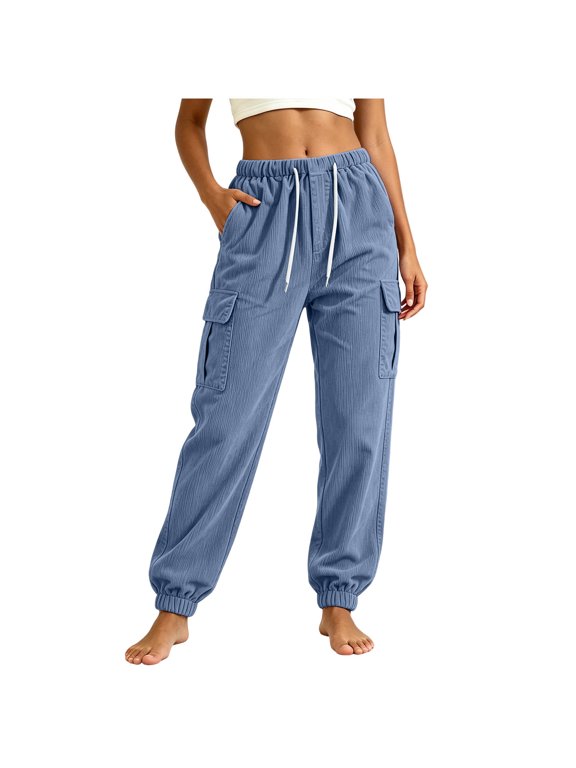 Women Solid Corduroy Jogger Pants, Elastic Stretch Waist Loose Long Trousers with Side Pockets for Casual Daily Wear Blue-A M(M)
