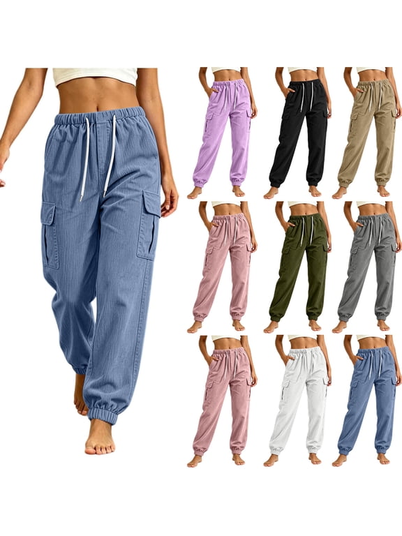 Women Solid Corduroy Jogger Pants, Elastic Stretch Waist Loose Long Trousers with Side Pockets for Casual Daily Wear Blue-A XL(XL)