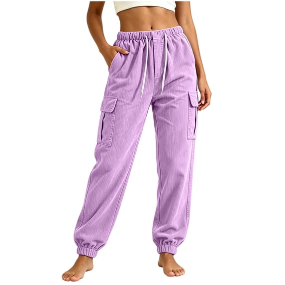 Women Solid Corduroy Jogger Pants, Elastic Stretch Waist Loose Long Trousers with Side Pockets for Casual Daily Wear Purple-A M(M)