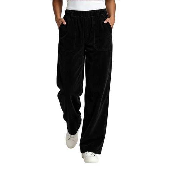 Women Solid Corduroy Straight Leg Pants, Elastic Waist Casual Long Trousers with Side Pockets Black L(L)