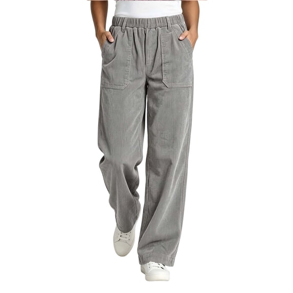 Women Solid Corduroy Straight Leg Pants, Elastic Waist Casual Long Trousers with Side Pockets Gray XL(XL)