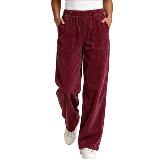 Women Solid Corduroy Straight Leg Pants, Elastic Waist Casual Long Trousers with Side Pockets Wine XL(XL)