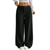 Women Solid Corduroy Wide Leg Pants Button Front Zipper Straight Pants with Pockets Black XL