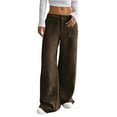 thumbnail image 1 of Women Solid Corduroy Wide Leg Pants Button Front Zipper Straight Pants with Pockets Coffee Color M, 1 of 9