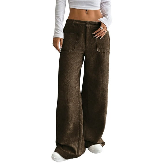 Women Solid Corduroy Wide Leg Pants Button Front Zipper Straight Pants with Pockets Coffee Color M