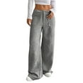 thumbnail image 1 of Women Solid Corduroy Wide Leg Pants Button Front Zipper Straight Pants with Pockets Grey XL, 1 of 8