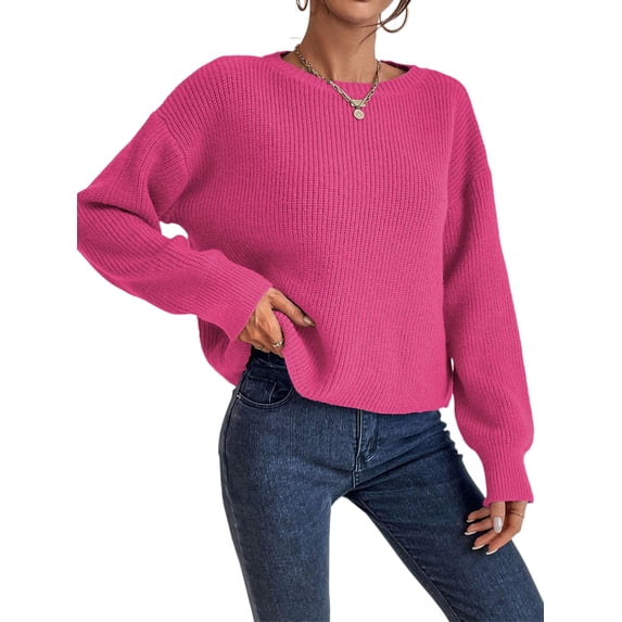 Women Solid Crew Neck Cropped Drop Shoulder Oversized Long Sleeve Soft Knit Sweater 102 - Fuchsia L