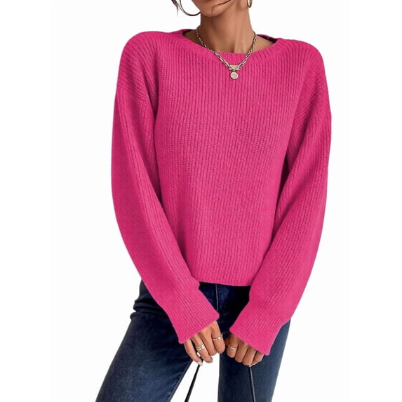 Women Solid Crew Neck Cropped Drop Shoulder Oversized Long Sleeve Soft Knit Sweater 102 - Fuchsia L