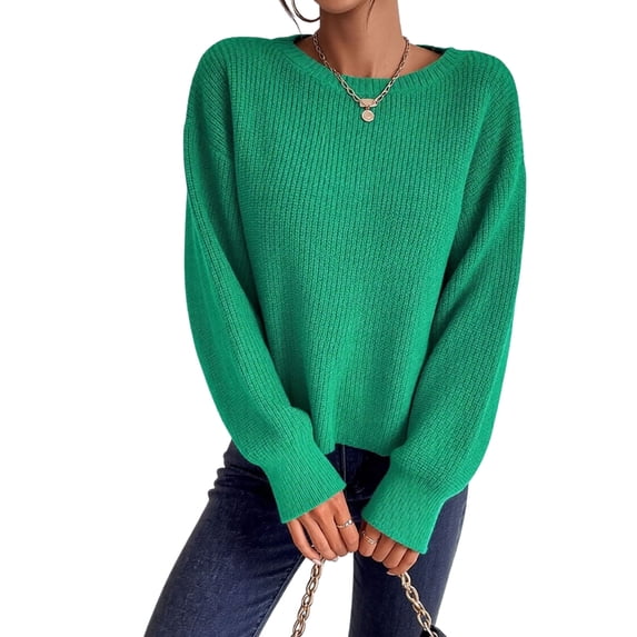 Women Solid Crew Neck Cropped Drop Shoulder Oversized Long Sleeve Soft Knit Sweater 102-Green M