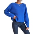 thumbnail image 1 of Women Solid Crew Neck Cropped Drop Shoulder Oversized Long Sleeve Soft Knit Sweater 102 - Royal Blue S, 1 of 10
