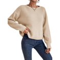 thumbnail image 1 of Women Solid Crew Neck Cropped Drop Shoulder Oversized Long Sleeve Soft Knit Sweater Rice S, 1 of 8