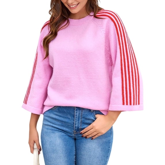 Women Solid Crew Neck Raglan Cuffed 3/4 Sleeve Relaxed Loose Knit Sweater Fall Outfits Pink M