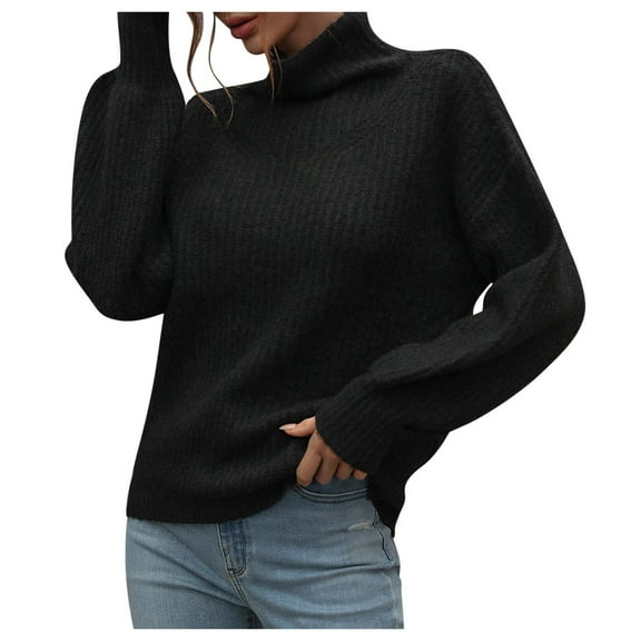 Women Solid Crochet Splice Long Sleeve Turtleneck Sweater Pullover Puff Sleeves Tops