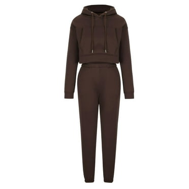 Women Solid Crop Hoodies Tracksuit Long Sleeve Sweatshirts Matching Jogger Pant 2 Piece Outfits Sweatsuit Fall Clothes