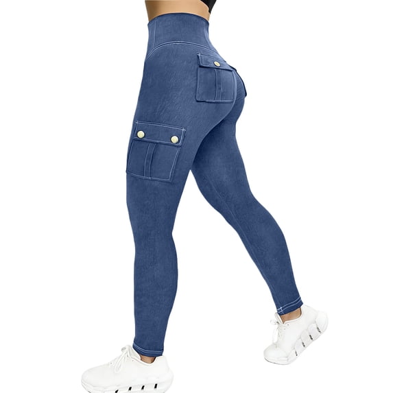 Women Solid Denim Yoga Pants High Waist Butt Lifting High Stretch Slim Fit Workout Sports Active Pants Blue XXL