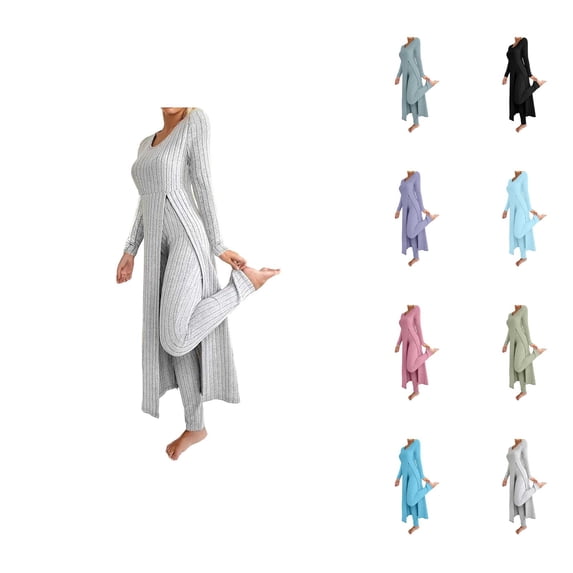 Women Solid Design Round Neck Slit Long Sleeve Long Dress And Long Pants Two Piece Set