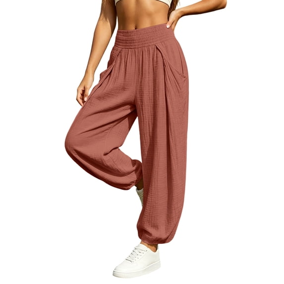 Women Solid Double Crinkle Elastic High Waist Jogger Pants, Side Pockets Loose Daily Casual Long Trousers Red L(L)