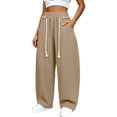 thumbnail image 1 of Women Solid Drawstring High Waist Loose Wide Leg Casual Pants, Side Pockets Daily Long Trousers for Hang-out Khaki S(S), 1 of 9