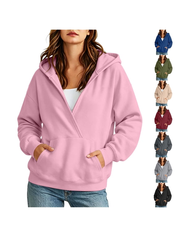 Women Solid Drawstring Hooded Pullover Sweatshirt, Long Sleeve Loose Casual Hoodie Jacket with Front Kangaroo Pockets for Spring Fall Daily Outerwear Pink-B XL(XL)