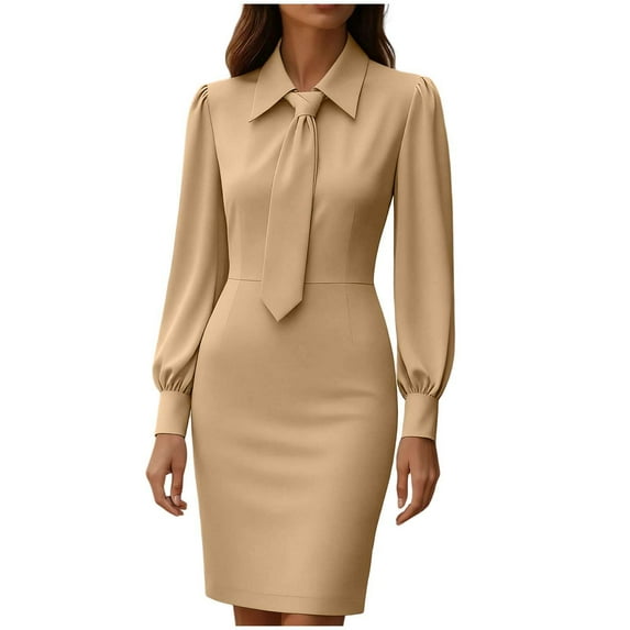 Women Solid Dresses Long Sleeve Turndown Collar Dresses Button Tunic Dresses Office Work Dress Khaki M