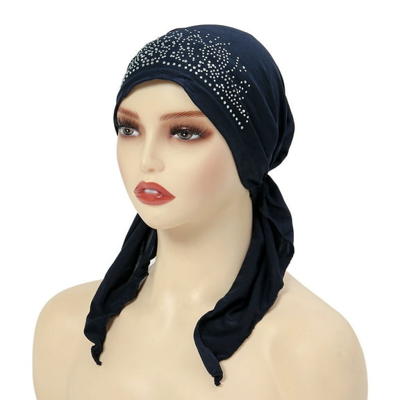 Women Solid Elastic Crystal Turban Hat Long Tail Stretch Hair Head Wrap Cap