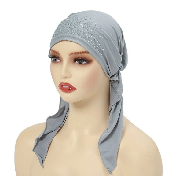 Women Solid Elastic Crystal Turban Hat Long Tail Stretch Hair Head Wrap Cap