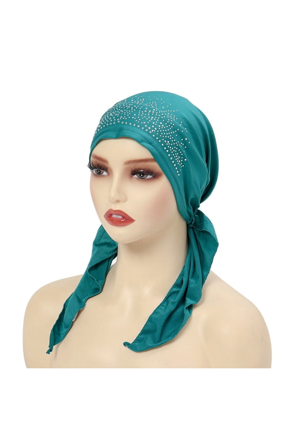 Women Solid Elastic Crystal Turban Hat Long Tail Stretch Hair Head Wrap Cap