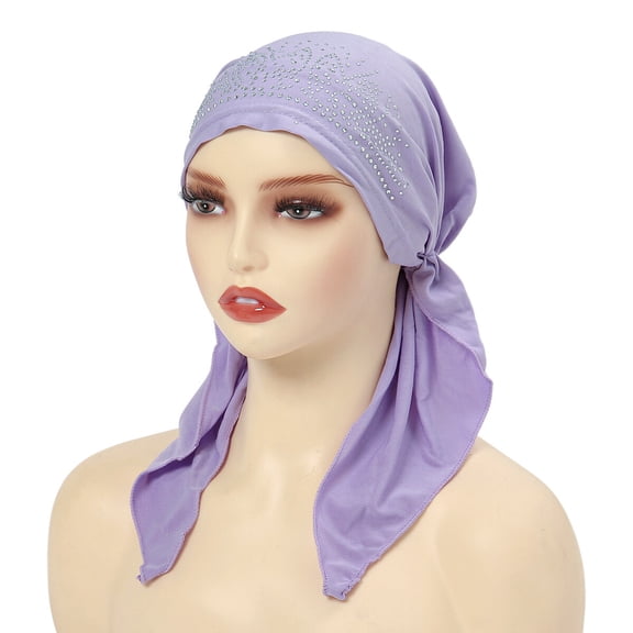 Women Solid Elastic Crystal Turban Hat Long Tail Stretch Hair Head Wrap Cap
