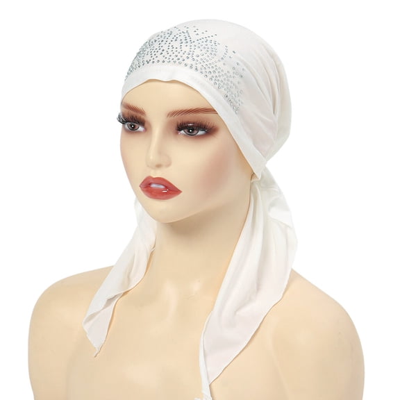 Women Solid Elastic Crystal Turban Hat Long Tail Stretch Hair Head Wrap Cap
