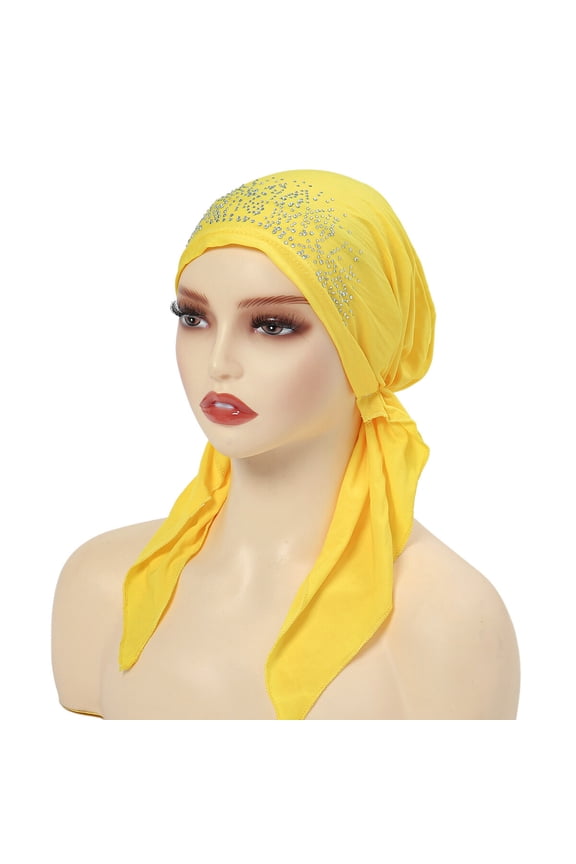 Women Solid Elastic Crystal Turban Hat Long Tail Stretch Hair Head Wrap Cap