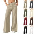 thumbnail image 1 of Women Solid Elastic High Waist Flare Pants with Side Pockets, Loose Daily Casual Full Length Trousers Khaki XL(XL), 1 of 8