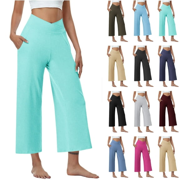 Women Solid Elastic Waist Pocket Pants Casual Stretchy Stylish Pants Womens Leggings for Yoga Workout High Waist Pants