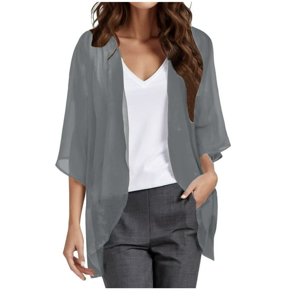 Women Solid Elegant Cardigans Puff Sleeve Chiffon Loose Beach Cover Up