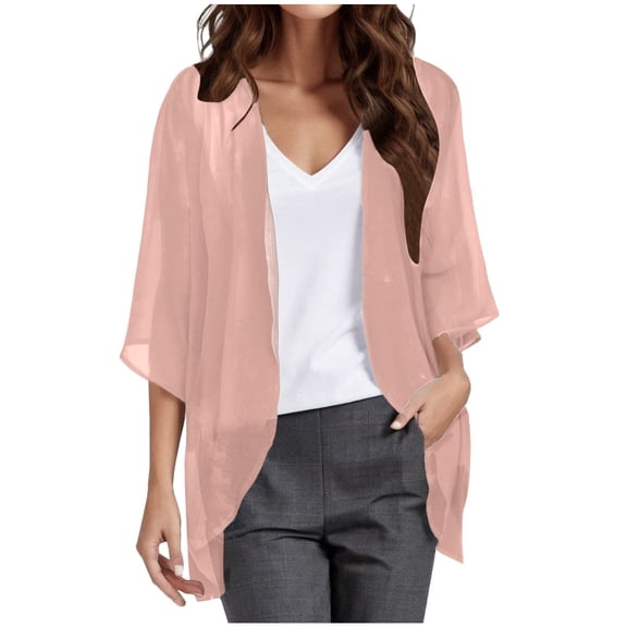Women Solid Elegant Cardigans Puff Sleeve Chiffon Loose Beach Cover Up