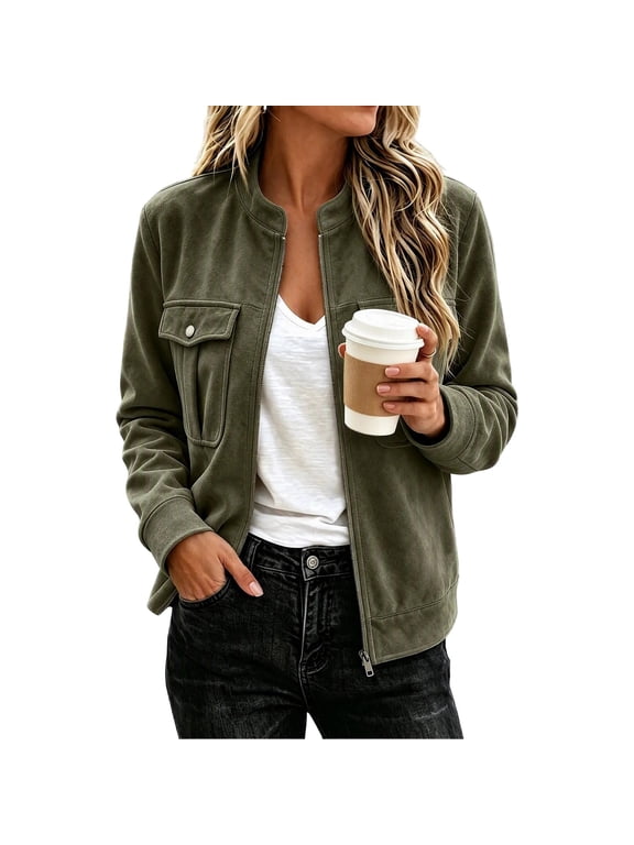 Women Solid Faux Suede Stand Collar Jacket Casual Long Sleeve Zip up Workwear Coat with Chest Flap Pockets, Short Moto Outerwear Army Green