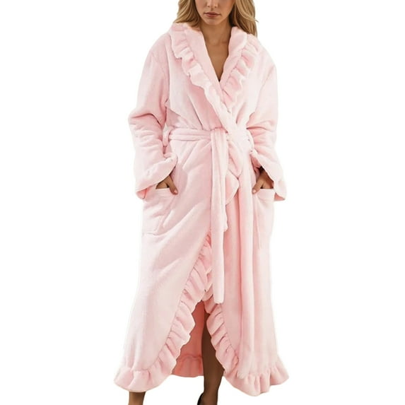 Women Solid Flannel Robe Long Sleeve Thermal Bathrobe Elegant Loungewear Color:Pink Size:M