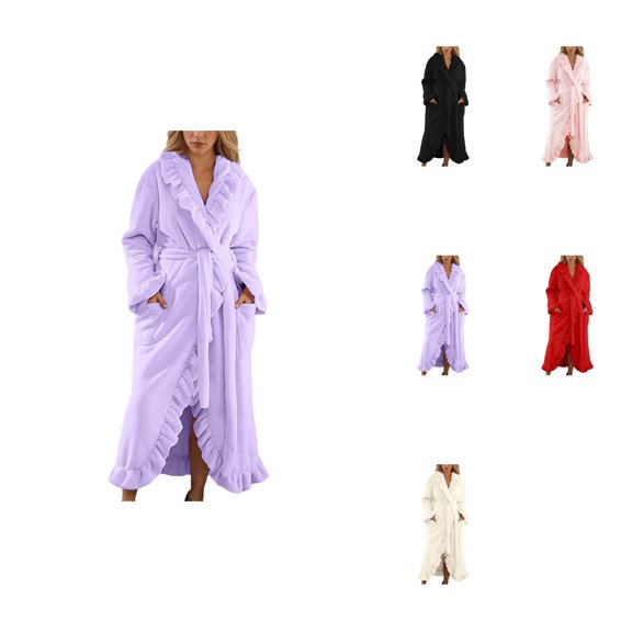 Women Solid Flannel Robe Long Sleeve Thermal Bathrobe with Pockets, Fuzzy Soft Plush Winter Warm Loungewear Kimono Housecoat for Home Comfort