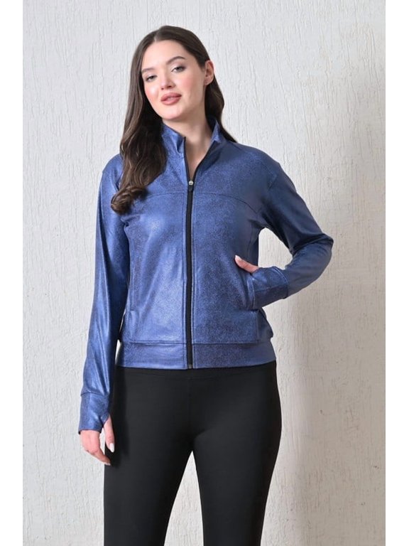 Women Solid Full Sleeves Print Blue Zipper Jacket