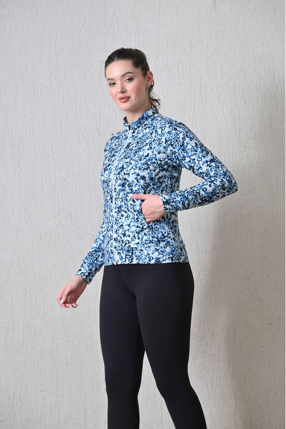 Women Solid Full Sleeves Print Blue Zipper Jacket