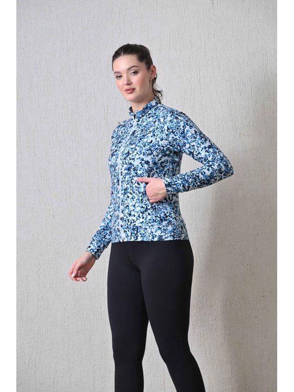Women Solid Full Sleeves Print Blue Zipper Jacket