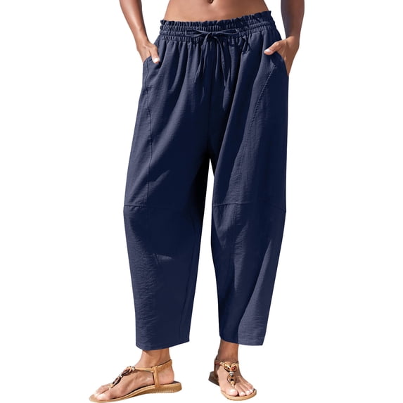 Women Solid Harem Capris Elastic Drawstring Waist Pockets Lightweight Summer Beach Holiday Casual Pants Navy M
