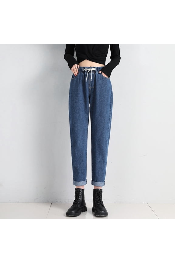 Women Solid Harlan Pants Jeans Elastic High Waist Pants Drooping Straight Women's Jeans Retro Cropped Trousers Demin Pants Trousers With Pocket M1 Denim Jean Women plus Tall Womens Clothes High Waist