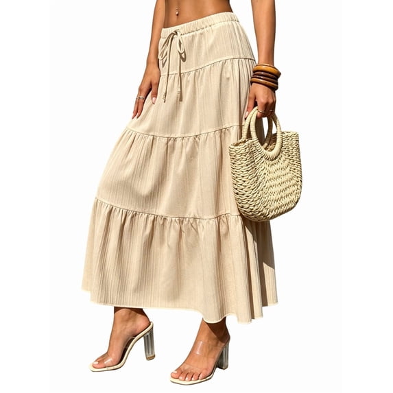 Women Solid High Waist Tiered Pleated A-Line Maxi Cake Skirt Khaki L